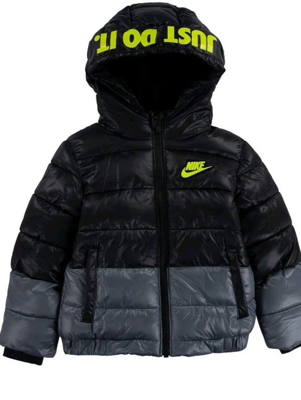 NIKE Kids' Down Hooded Puffer Coat in Black/Gray/Size 24M